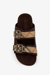 Burberry women’s urchin brown suede slide sandal with beige and red check-patterned straps and brass buckles