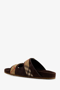 Burberry women’s urchin brown leather slide sandal with beige and red plaid synthetic fabric straps white base