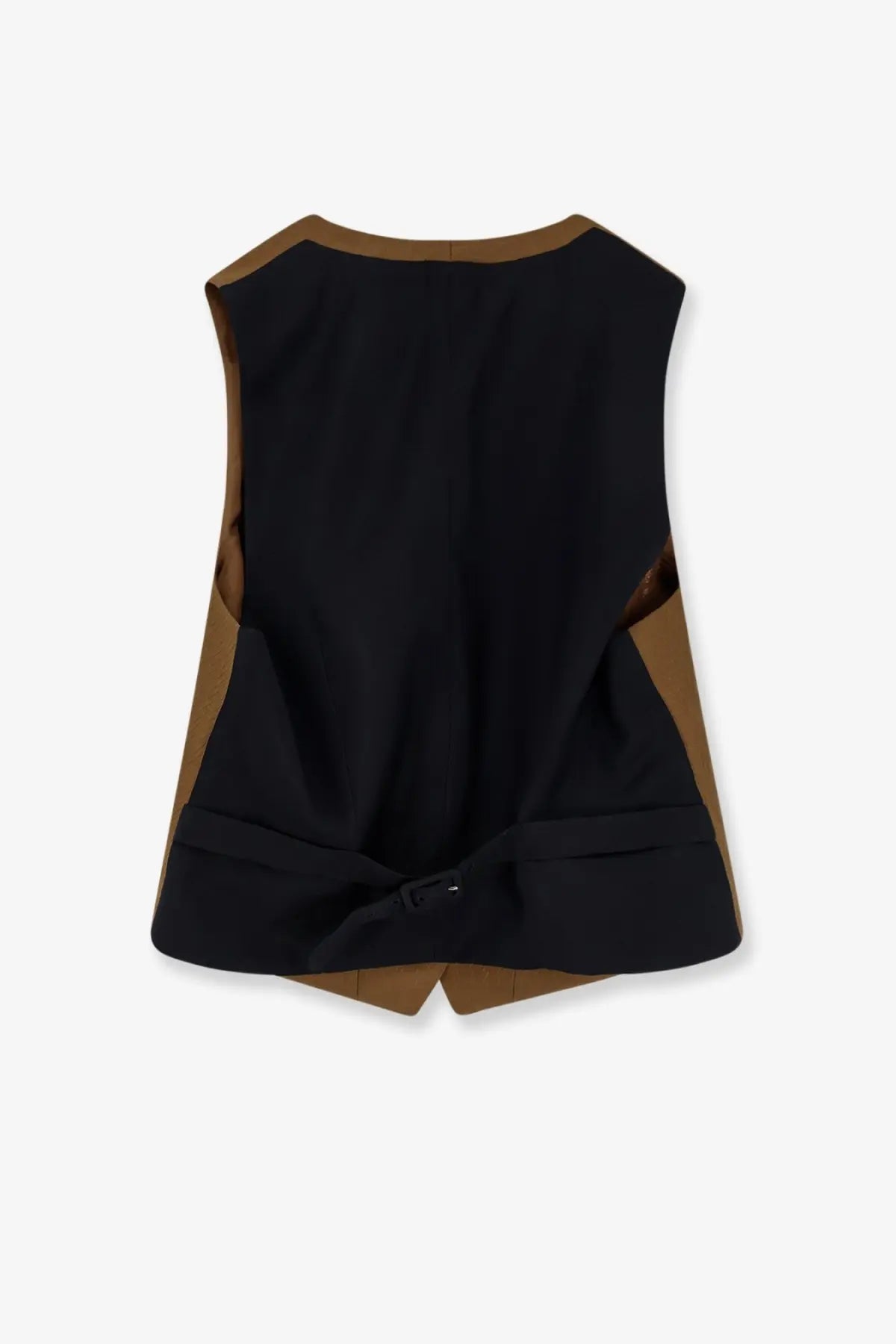 Black and tan sleeveless burberry womens vest with tied waist made of wool and mohair in brown