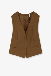 Burberry women’s brown warren wool and mohair vest with v-neckline and four matching front buttons