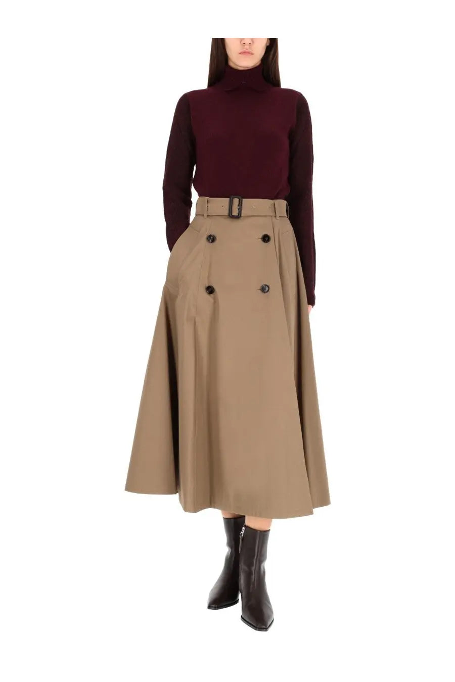 Beige wool blend midi skirt with black buttons and matching belt paired with burberry women’s red pullover