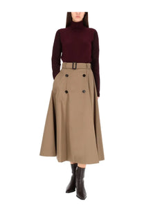 Beige wool blend midi skirt with black buttons and matching belt paired with burberry women’s red pullover