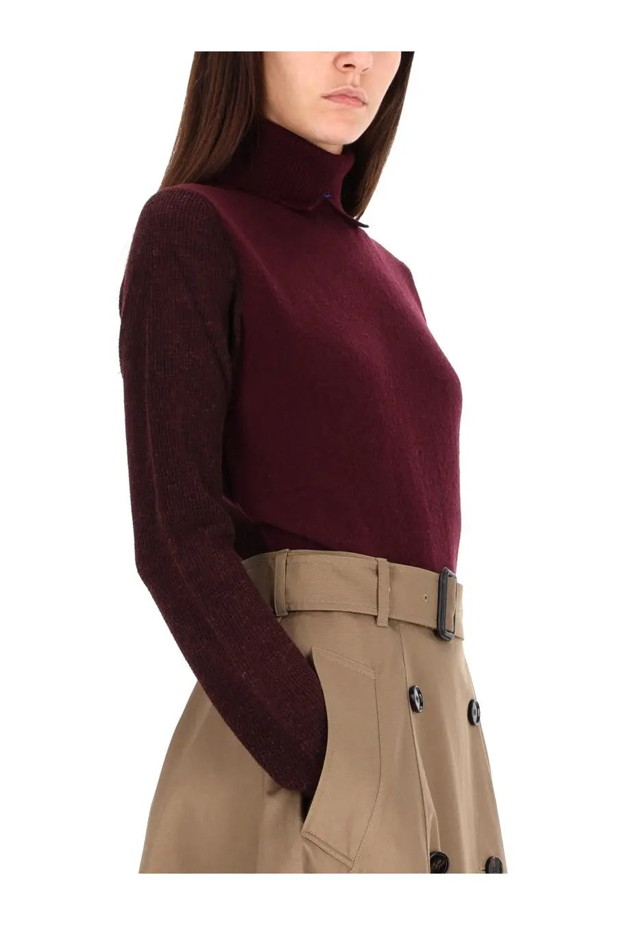 Burberry women’s red wool blend pullover with a burgundy turtleneck top textured knit sleeve and smooth body fabric