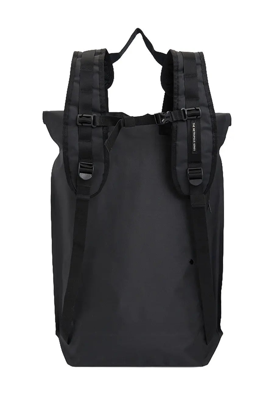 C.P. Company men’s black roll-top backpack with adjustable shoulder straps and minimalist design shown from the back