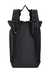 C.P. Company men’s black roll-top backpack with adjustable shoulder straps and minimalist design shown from the back
