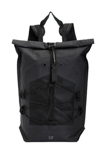 Black c.p. company men’s roll-top backpack with reinforced straps and minimalist design
