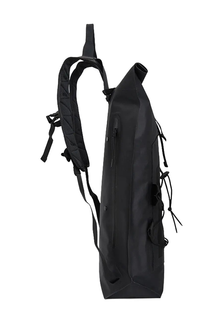 Black waterproof roll-top backpack by c.p. company with adjustable shoulder straps and side compression cords shown from back
