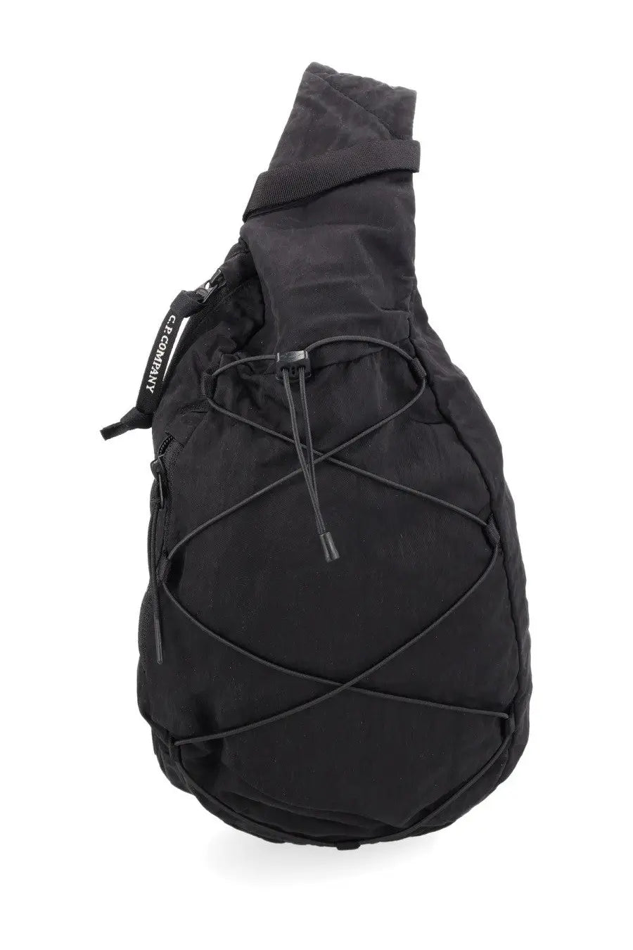 Black c.p. company men’s backpack in black nylon showing the back side with adjustable straps and logo patch
