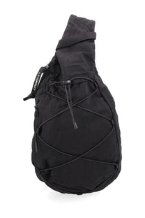 Black c.p. company men’s backpack in black nylon showing the back side with adjustable straps and logo patch