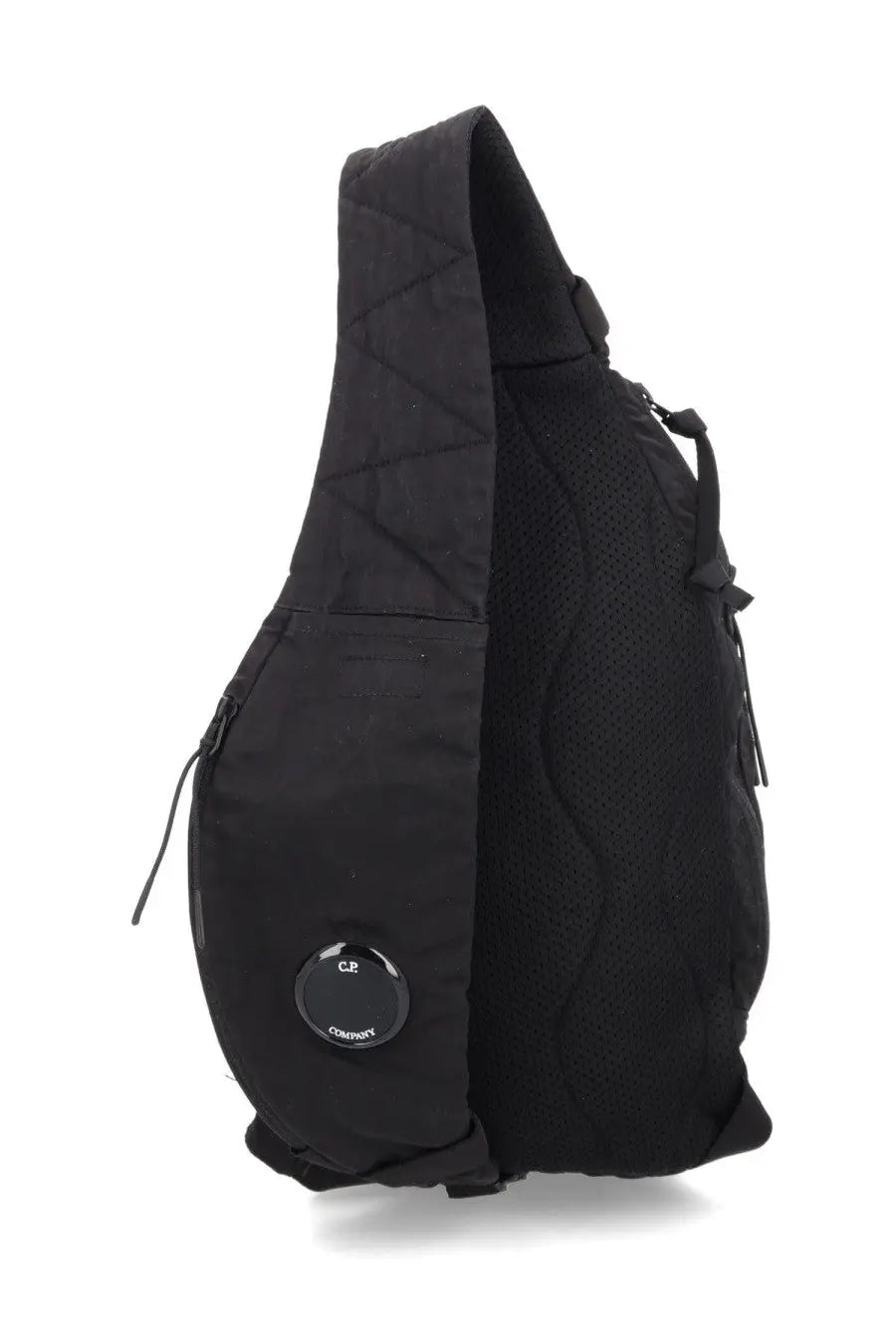 Black quilted nylon shoulder bag with mesh side panel and circular logo patch by C.P. Company men’s backpack