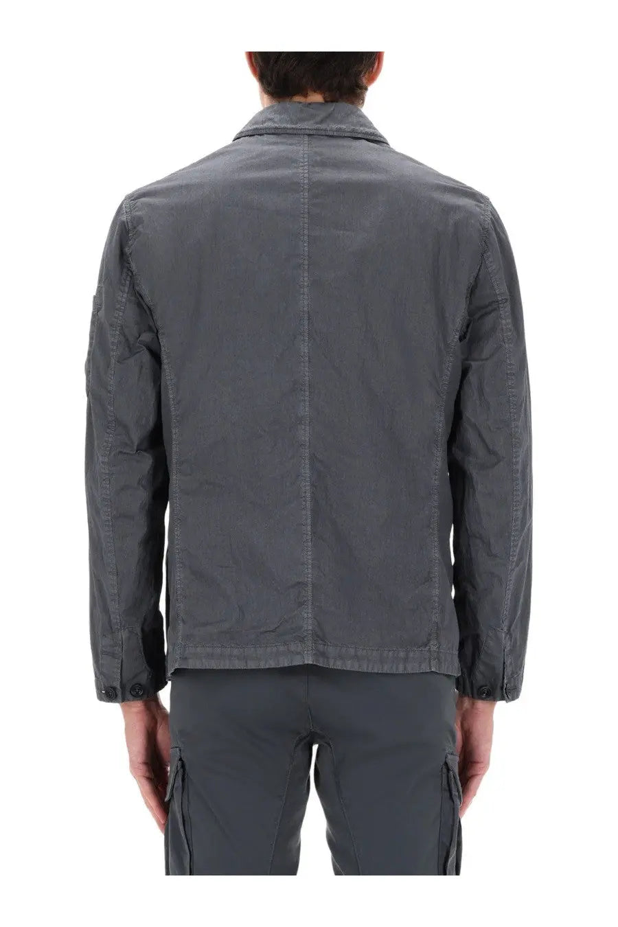 Dark gray slightly textured cotton jacket with classic collar and buttoned cuffs in c.p. company men’s blazer fili grey