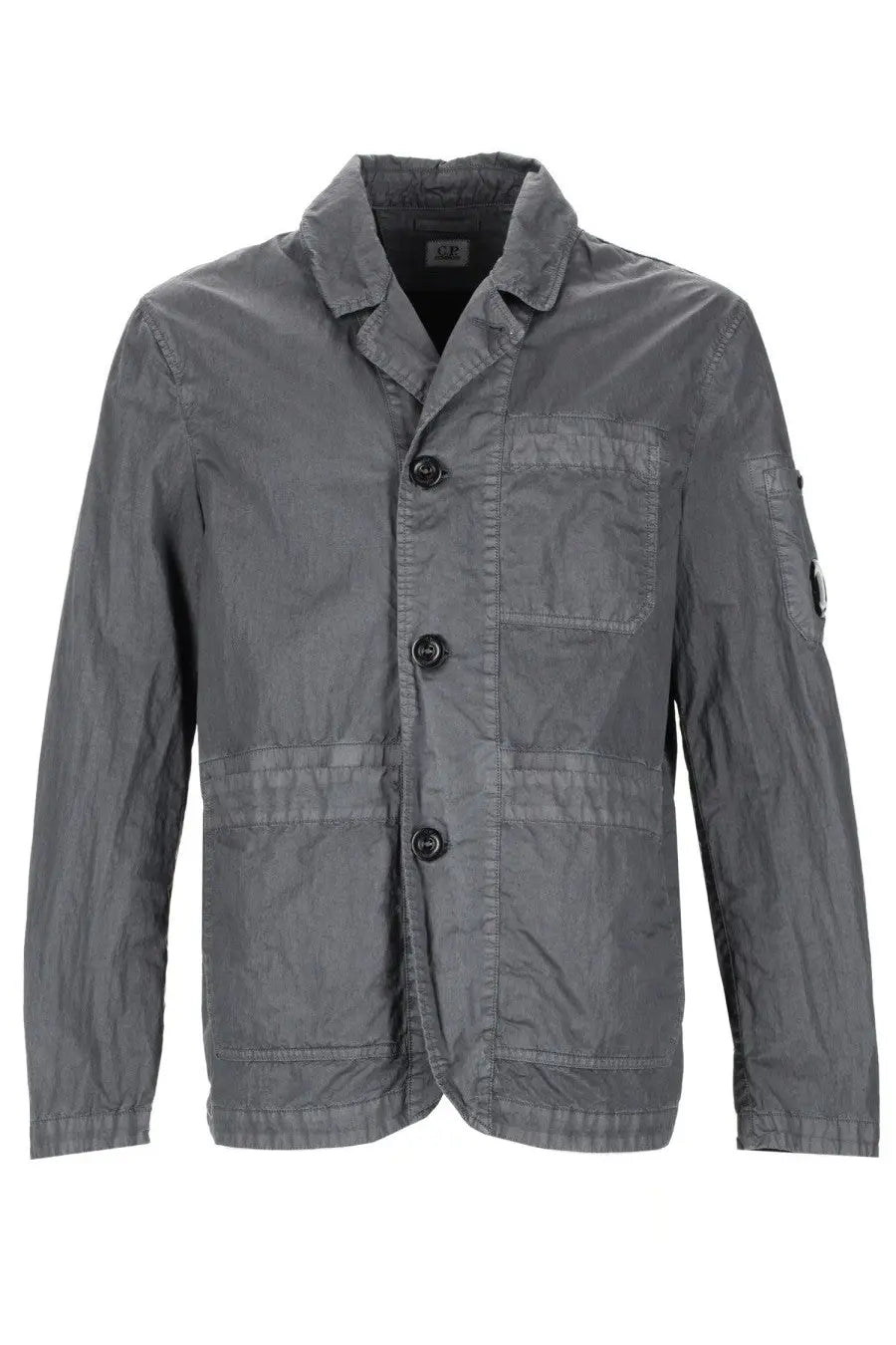 C.P. Company men’s blazer Fili grey in gray textured cotton with black buttons and subtle sleeve logo patch