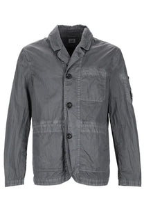 C.p. company men’s blazer fili grey cotton jacket with gray texture black buttons and subtle logo patch on sleeve