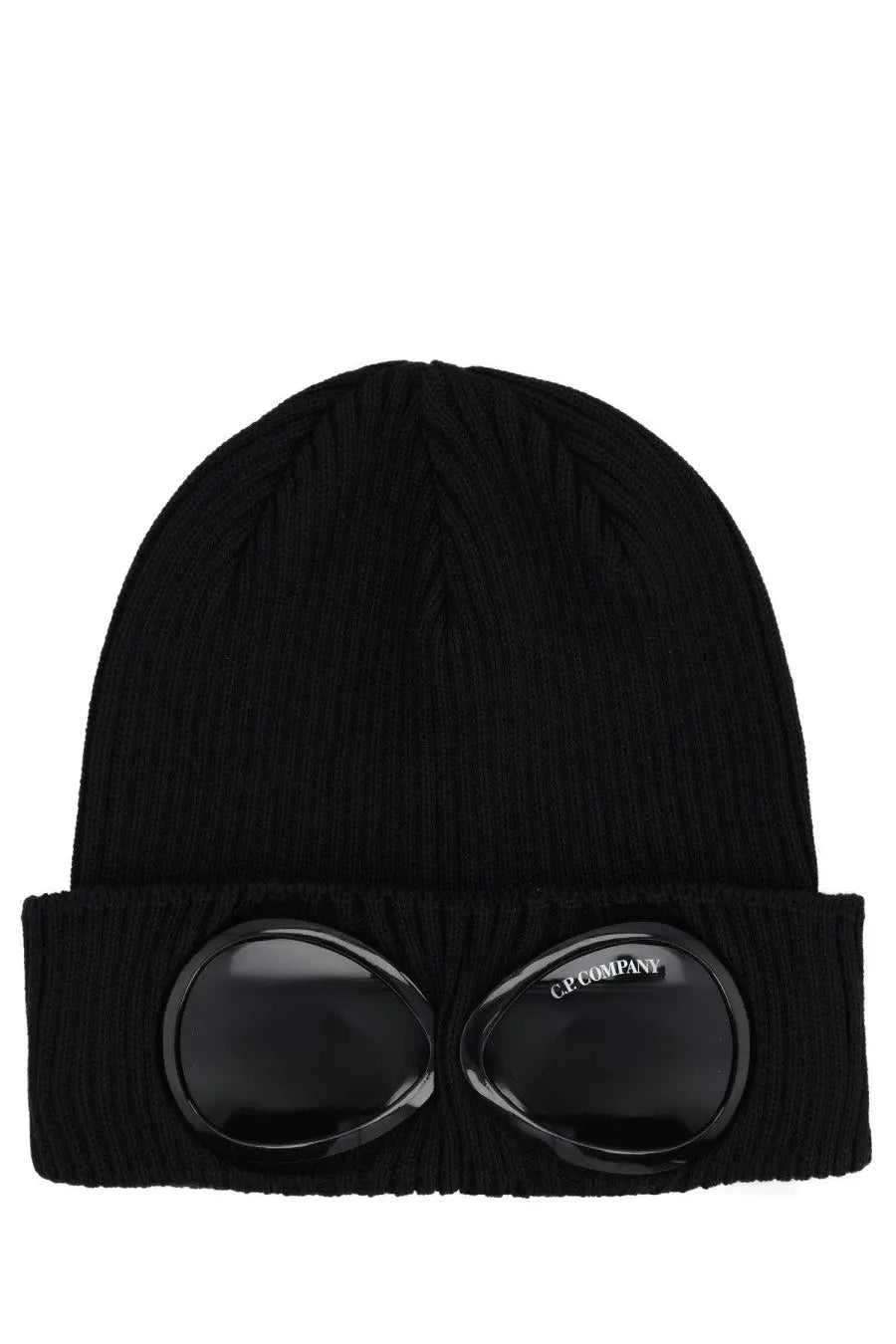 C.p. company men’s black ribbed knit beanie with integrated glossy black goggles for stylish protection