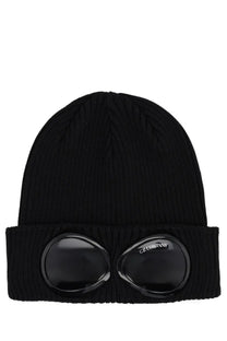 C.p. company men’s black ribbed knit beanie with integrated glossy black goggles for stylish protection