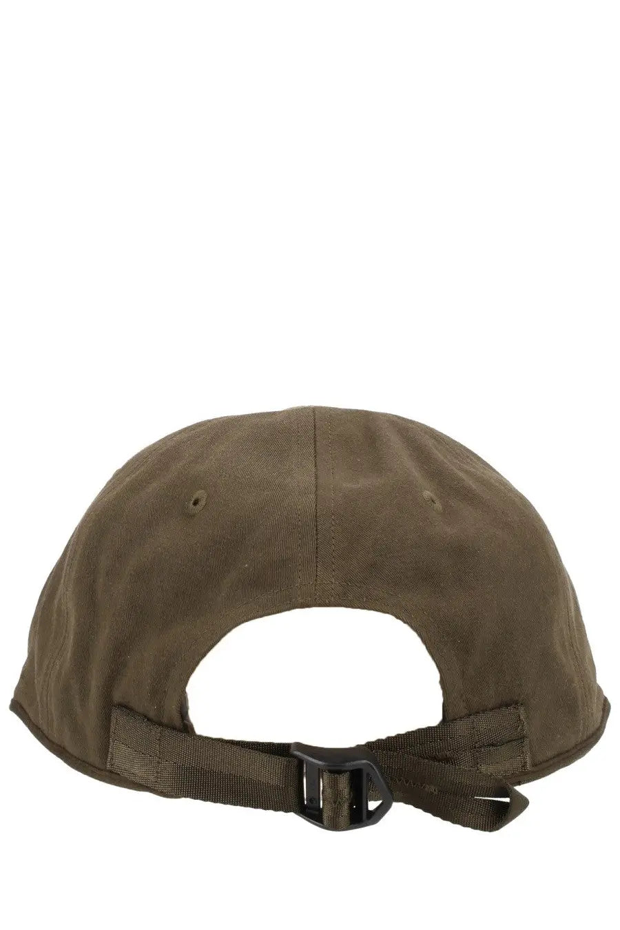 Olive green canvas baseball cap with black plastic buckle and adjustable strap from c.p. company men’s gabardine cotton collection
