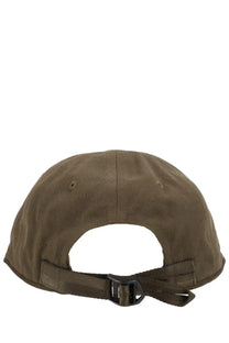 Olive green canvas baseball cap with black plastic buckle and adjustable strap from c.p. company men’s gabardine cotton collection