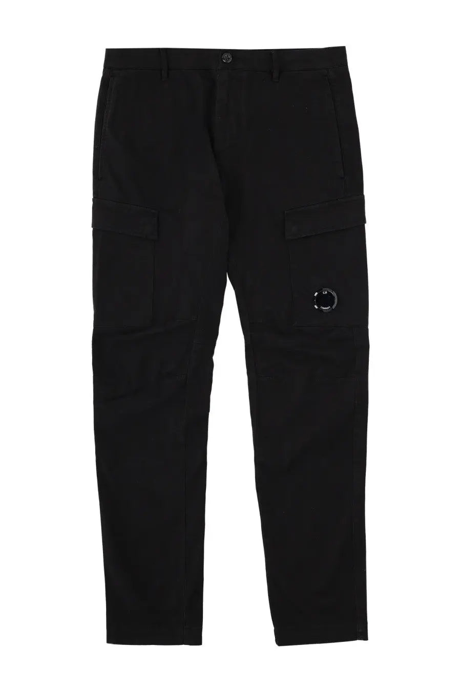 C.p. company men’s black cargo pants with sleek modern design and distinctive circular logo patch on the thigh