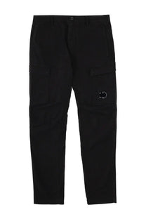 C.p. company men’s black cargo pants with sleek modern design and distinctive circular logo patch on the thigh