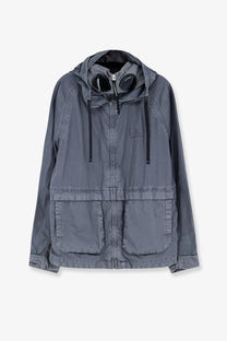C.p. company men’s cated cotton blend gray hooded jacket with black drawstrings and goggles inside the hood