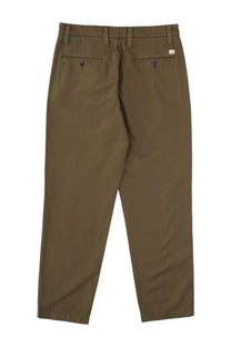 Olive green chino trousers with straight-leg cut and buttoned back pockets shown from the back by c.p. company