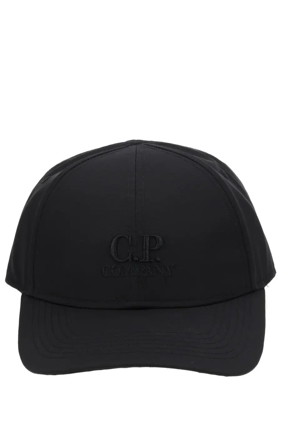 Black c.p. company men’s chrome baseball cap showing the back side with adjustable strap and logo patch