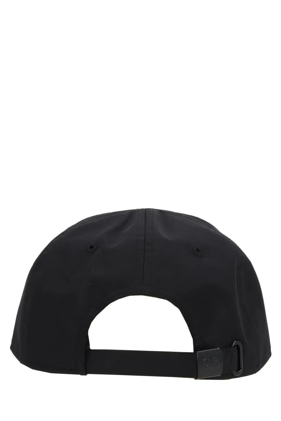 Black c.p. company men’s chrome baseball cap with matte finish and adjustable strap shown from the back