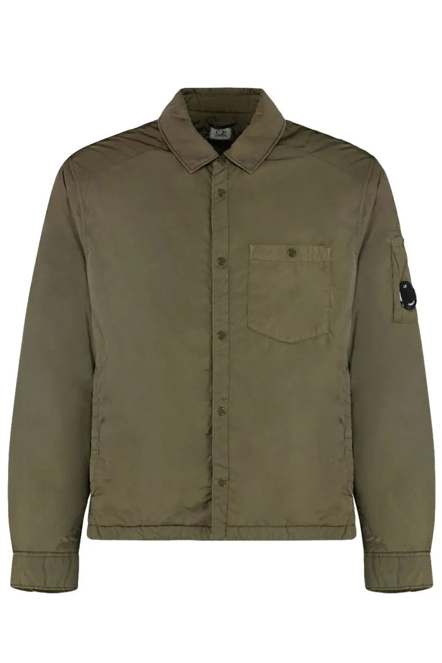Olive green quilted button-up jacket with chest pocket and black circular logo patch on left sleeve by c.p. company