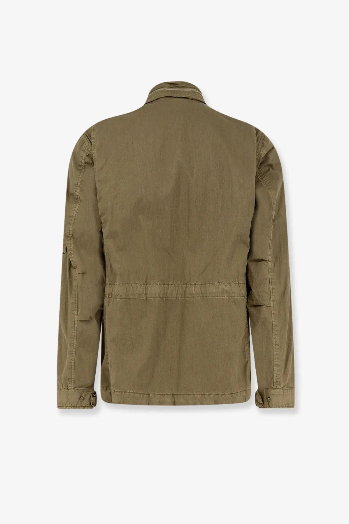 Olive green cotton blend sahariana jacket for men by c.p. company with classic collar and two side pockets dried herb