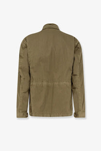 Olive green cotton blend sahariana jacket for men by c.p. company with classic collar and two side pockets dried herb