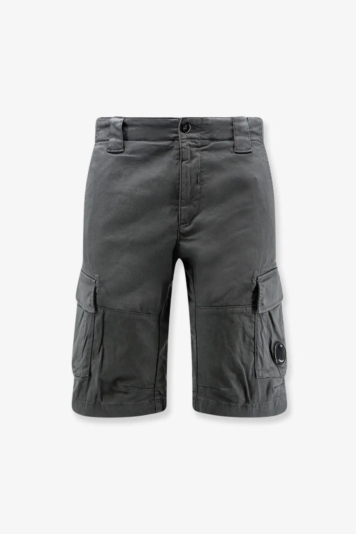 Dark gray cotton cargo bermuda shorts for men with multiple pockets and subtle c.p. company logo on thigh