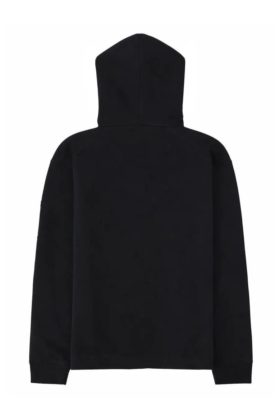 C.P. Company men’s black hooded sweatshirt with minimalist design and ribbed cuffs, front view