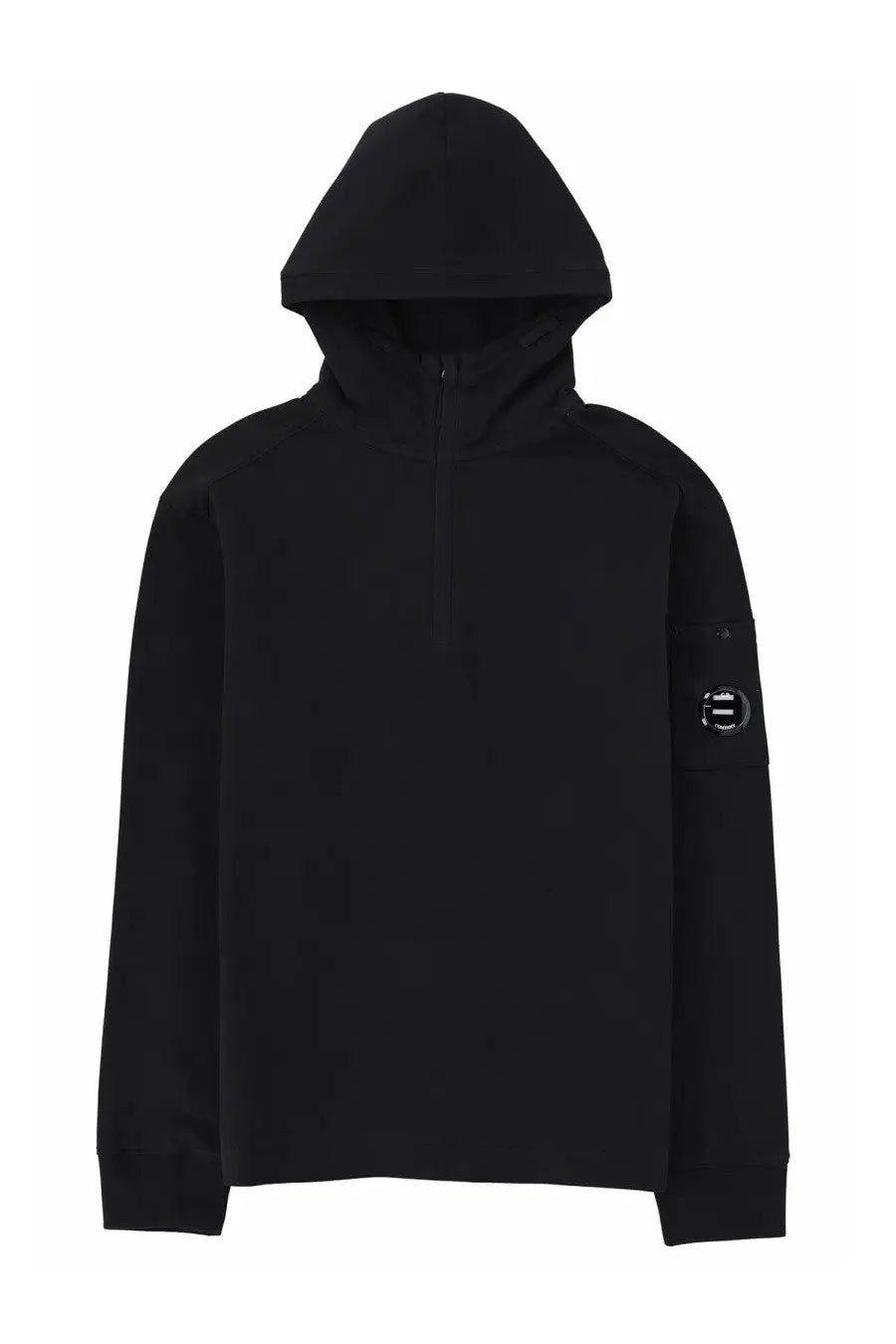 C.p. company men’s black hooded sweatshirt with half-zip front and circular logo patch on left sleeve