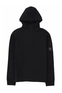 C.p. company men’s black hooded sweatshirt with half-zip front and circular logo patch on left sleeve