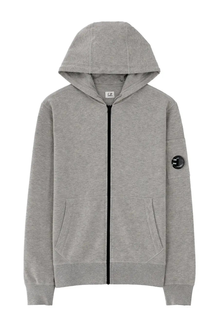 C P Company men’s felpa con cappuccio grey zip-up hoodie with black zipper and circular logo patch on left sleeve