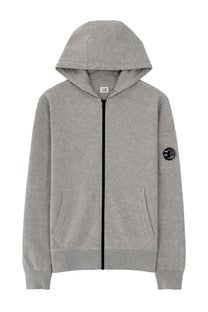 C P Company men’s felpa con cappuccio grey zip-up hoodie with black zipper and circular logo patch on left sleeve