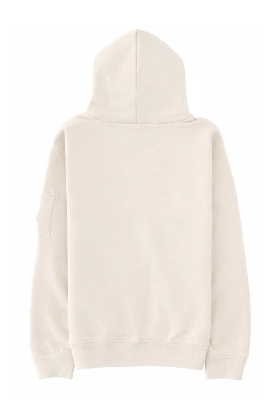 Cream-colored c.p. company men’s felpa con cappuccio white hooded sweatshirt with soft textured fabric and left sleeve pocket