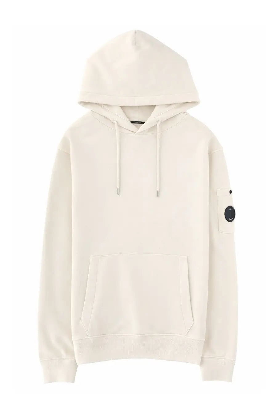 Cream-colored c.p. company men’s felpa con cappuccio hoodie with black circular sleeve patch and matching drawstrings