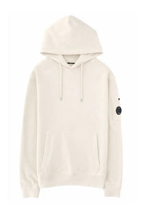 Cream-colored c.p. company men’s felpa con cappuccio hoodie with black circular sleeve patch and matching drawstrings