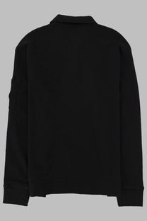 Black cotton c.p. company men’s felpa con colletto polo zip jacket with collar and patch pocket on left sleeve