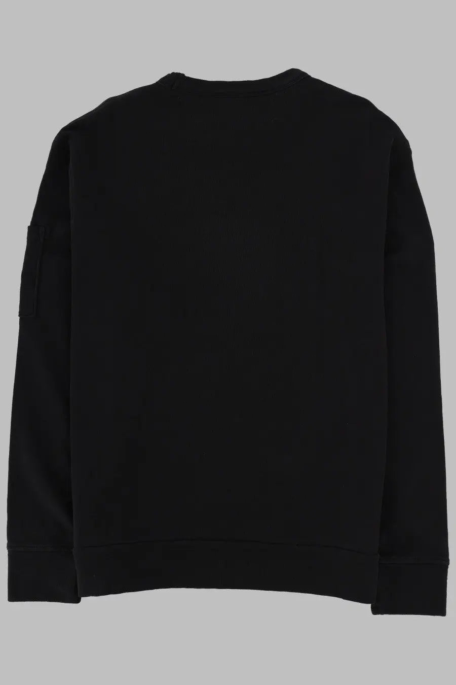 Black crewneck sweatshirt with ribbed cuffs and hem, featuring a single patch pocket on the left sleeve.