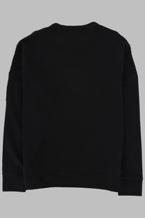 Black crewneck sweatshirt with ribbed cuffs and hem, featuring a single patch pocket on the left sleeve.