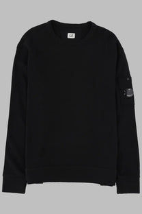 C.p. company men’s black long-sleeved crew neck sweatshirt with circular patch on left sleeve and branded collar label