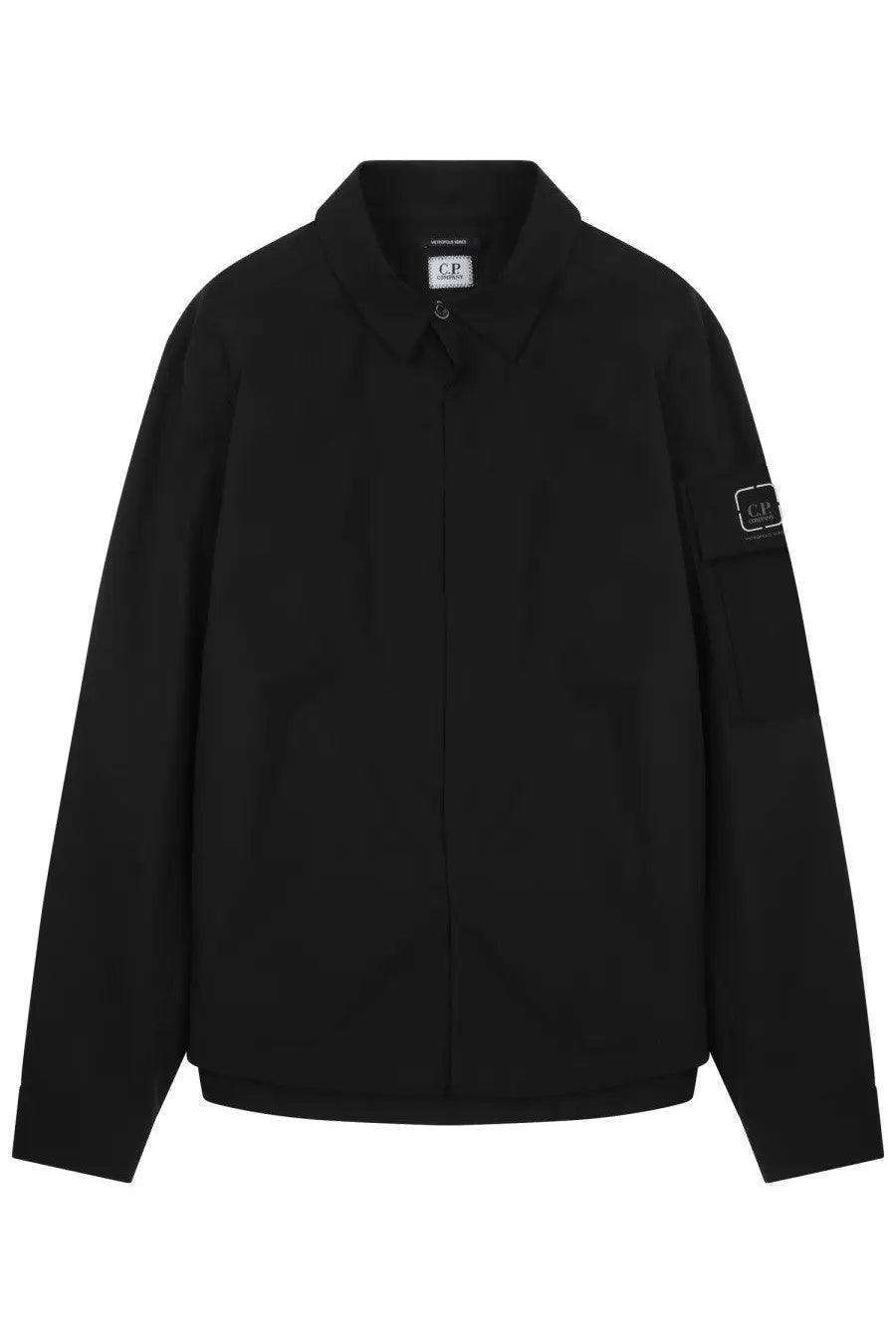 Black c.p. company men’s giacca metropolis overshirt in black featuring lightweight fabric and front pockets