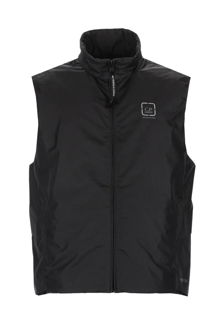 Black C.P. Company men’s gilet con sleeveless vest with high collar and full-length zipper in durable fabric