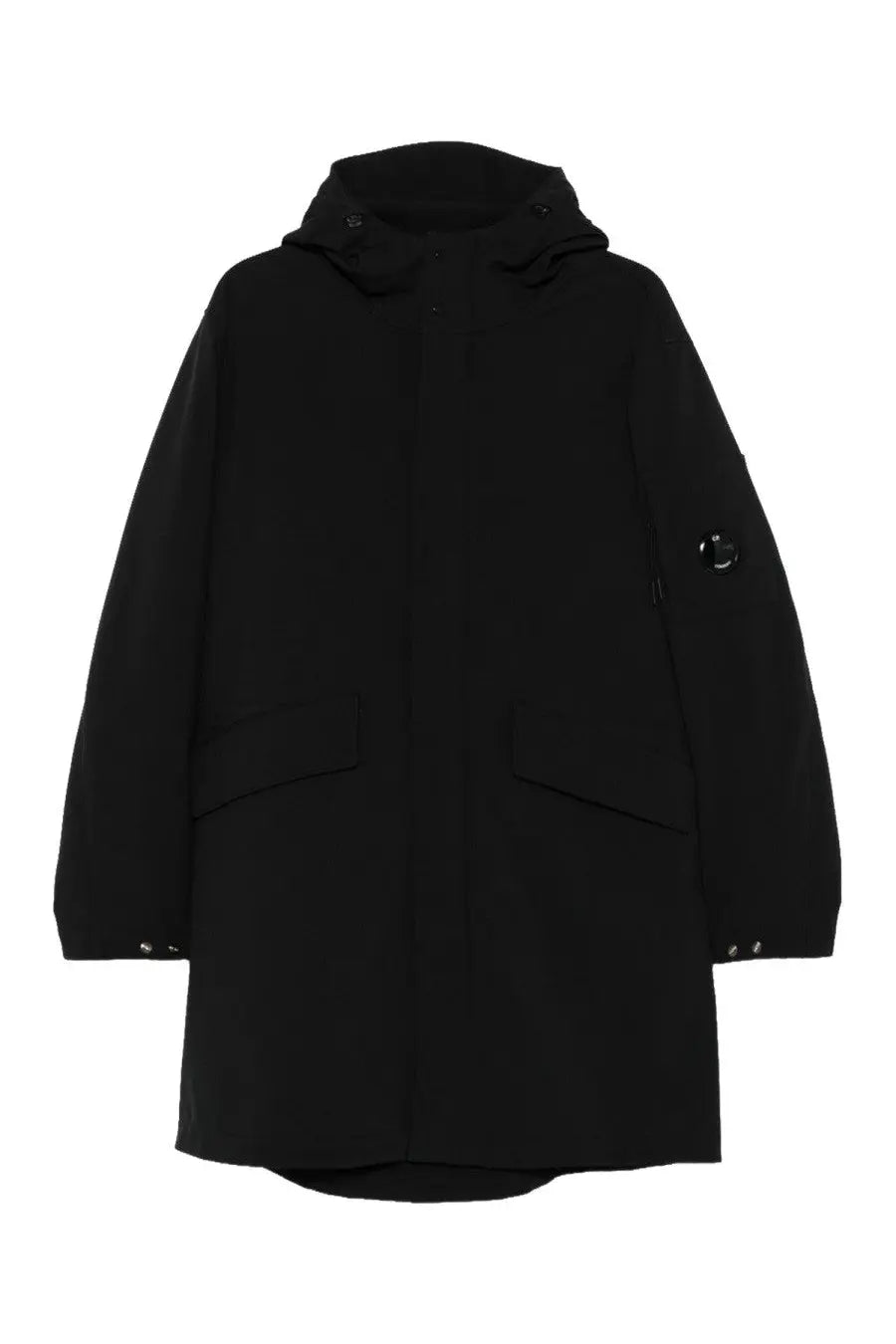 C.P. Company men’s hooded parka black with sleek minimalist design and subtle branding on the sleeve