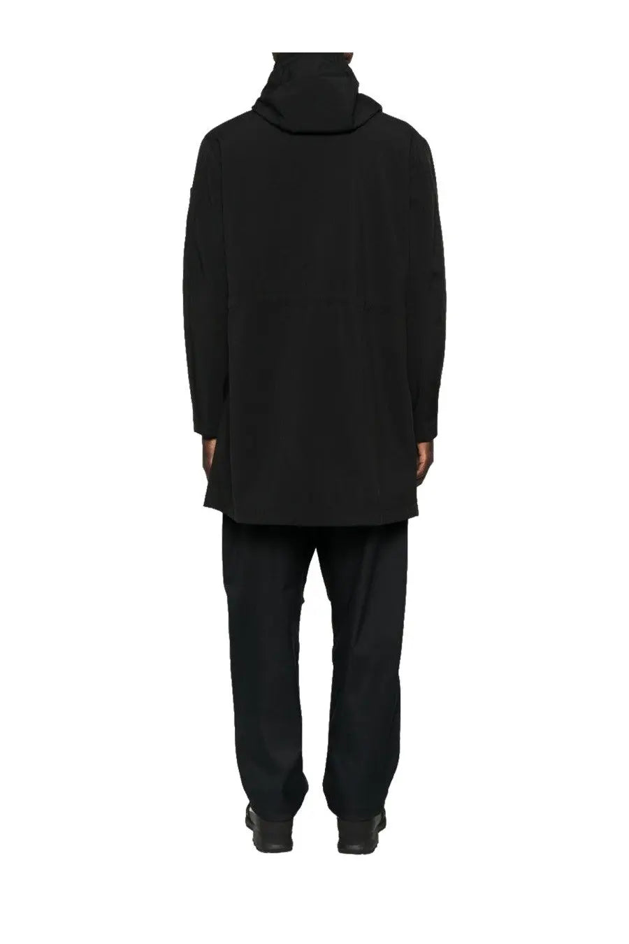 C.P. Company men’s hooded parka black with sleek minimalist design and long sleeves in a hooded coat style