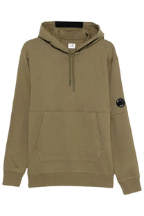 Olive green c.p. company men’s hoodie with logo patch on front pocket in durable cotton fabric