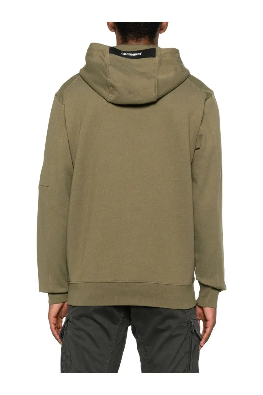 Olive green c.p. company men’s hoodie with hood and black brand tag at the neckline