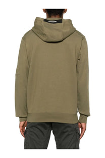 Olive green c.p. company men’s hoodie with hood and black brand tag at the neckline